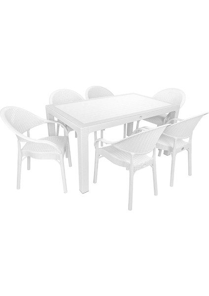 Almina Rattan Masa Takımı 90x150 Camsız Masa 6 Kişilik Rattan Sandalye Seti Bahçe Balkon Teras Takımı
