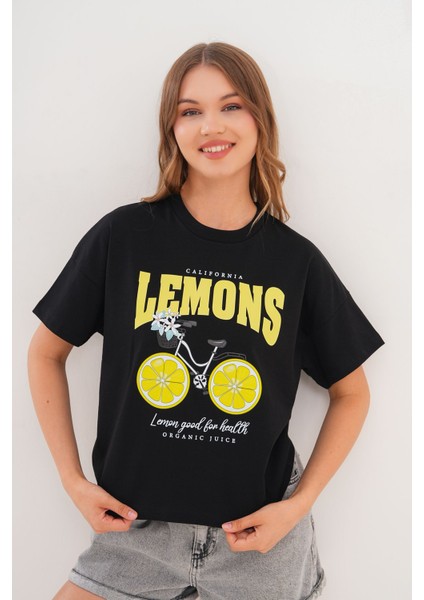Kadın Siyah Oversize California Lemons Baskılı Tişört