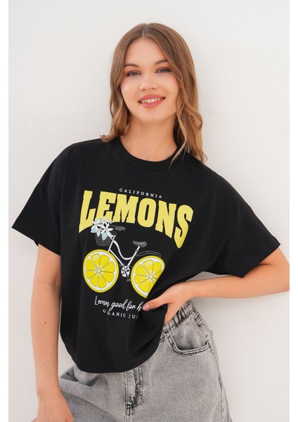 Kadın Siyah Oversize California Lemons Baskılı Tişört fiyatları