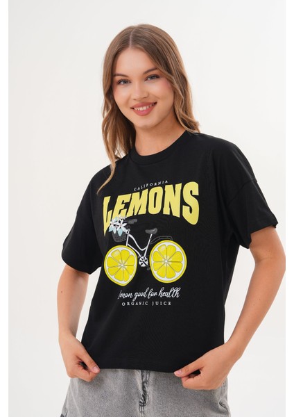 Kadın Siyah Oversize California Lemons Baskılı Tişört fırsatları