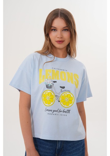 Kadın Mavi Oversize California Lemons Baskılı Tişört