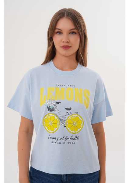 Kadın Mavi Oversize California Lemons Baskılı Tişört fiyatları