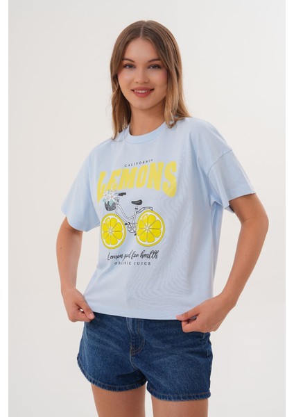 Kadın Mavi Oversize California Lemons Baskılı Tişört fırsatları