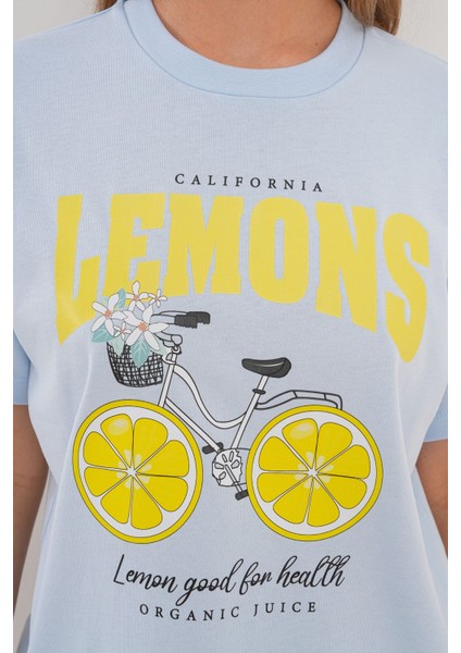 Kadın Mavi Oversize California Lemons Baskılı Tişört