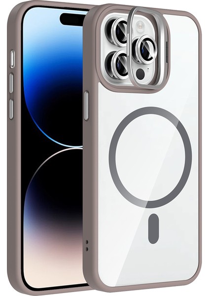 iPhone 14 Pro Max Kılıf Standlı ve Kamera Lens Hediyeli M-Safe Şarj Özellikli Znth Etro Kapak - Gri