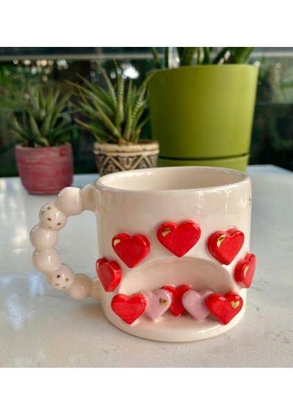 El Yapımı Seramik Gerçek 24K Altın Dekorlu Kalp Kupa