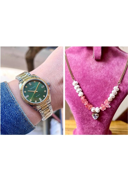Taşlı Kadran Rolex Kasa Çelik Kadın Kol Saati+Çelik Kolye Hediye fiyatları