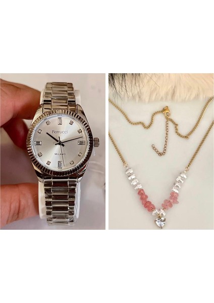 Taşlı Kadran Rolex Kasa Çelik Kadın Kol Saati+Çelik Kolye Hediye