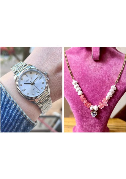 Taşlı Kadran Rolex Kasa Çelik Kadın Kol Saati+Çelik Kolye Hediye fiyatları