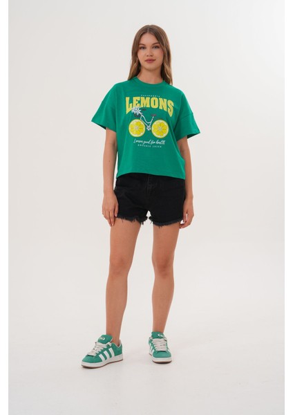 Kadın Yeşil Oversize California Lemons Baskılı Tişört
