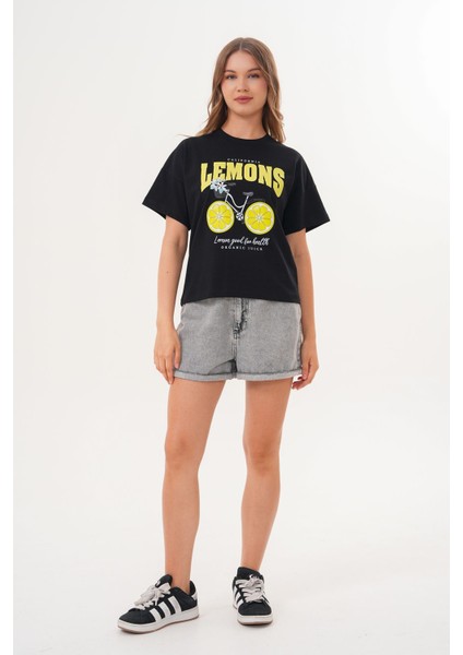 Kadın Siyah Oversize California Lemons Baskılı Tişört