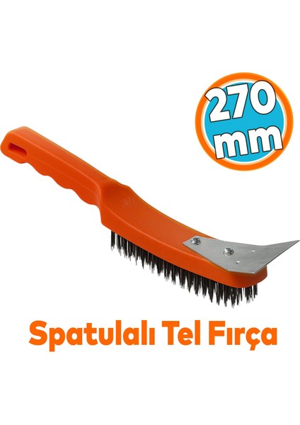 Metal Spatulalı Çelik Tel Fırça 270 mm Kazıma Temizleme Pas Sökücü Çelik Kıllı El Tipi Nalbur Fırça