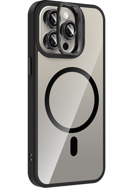 iPhone 15 Pro Kılıf Standlı ve Kamera Lens Hediyeli M-Safe Şarj Özellikli Znth Etro Kapak - Siyah