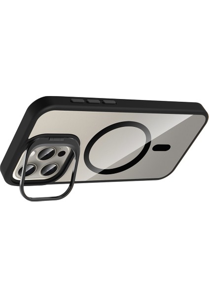 iPhone 15 Pro Kılıf Standlı ve Kamera Lens Hediyeli M-Safe Şarj Özellikli Znth Etro Kapak - Siyah