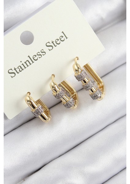 316L Çelik Zirkon Taşlı Dikdörtgen Model Gold Renk 3'lü Set Kadın Küpe