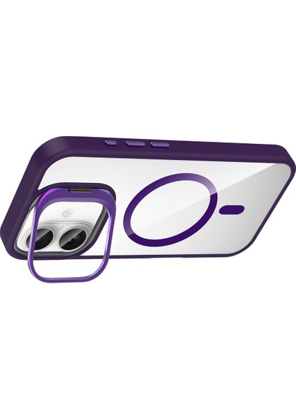 iPhone 16 Kılıf Standlı ve Kamera Lens Hediyeli M-Safe Şarj Özellikli Mkst Etro Kapak - Derin Mor