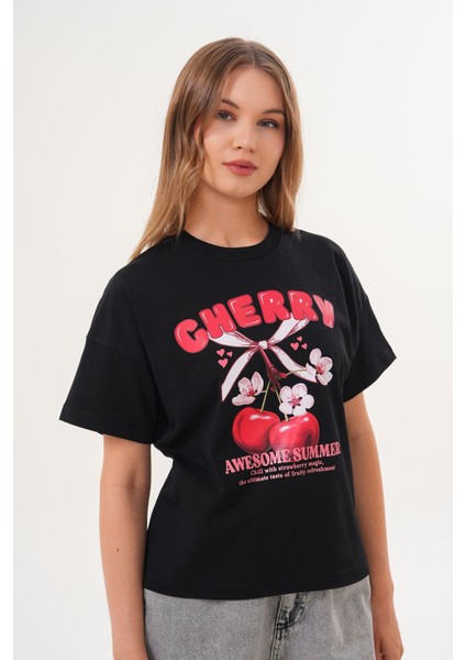 Kadın Siyah Oversize Cherry Awesome Summer Baskılı Tişört