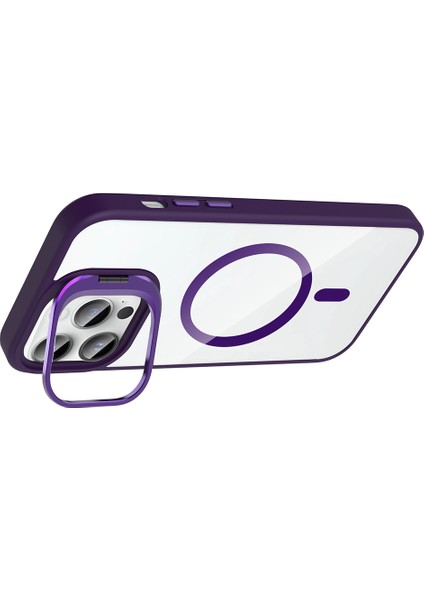 iPhone 14 Pro Max Kılıf Standlı ve Kamera Lens Hediyeli M-Safe Şarj Özellikli Mkst Etro Kapak - Gri fırsatları