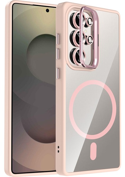 Galaxy S25 Ultra Kılıf Standlı ve Kamera Lens Hediyeli M-Safe Şarj Özellikli Mkst Etro Kapak - Pembe