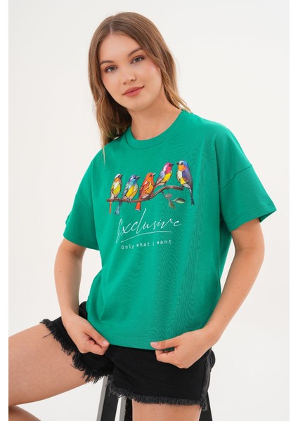 Kadın Yeşil Exclusive Only What I Want Kuş Baskılı Oversize Tişört modelleri