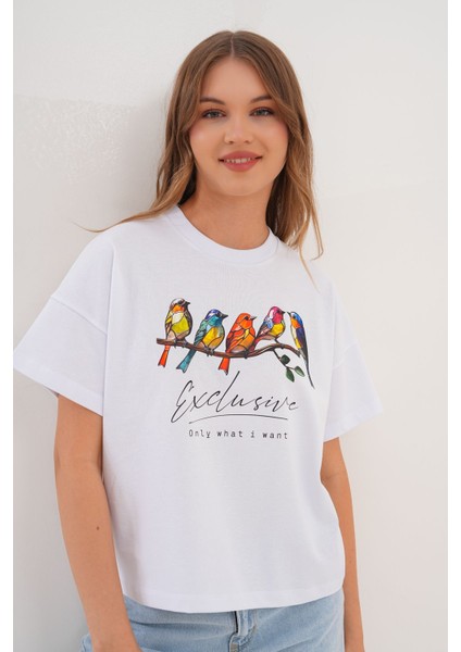 Kadın Beyaz Exclusive Only What I Want Kuş Baskılı Oversize Tişört