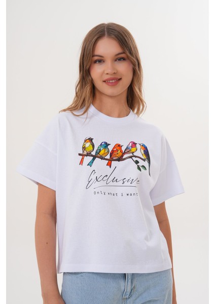 Kadın Beyaz Exclusive Only What I Want Kuş Baskılı Oversize Tişört fiyatları