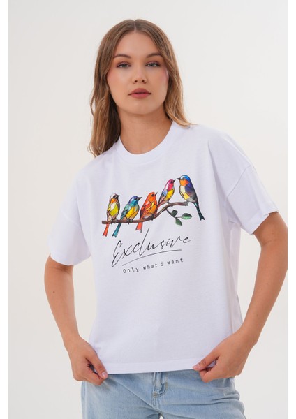 Kadın Beyaz Exclusive Only What I Want Kuş Baskılı Oversize Tişört modelleri