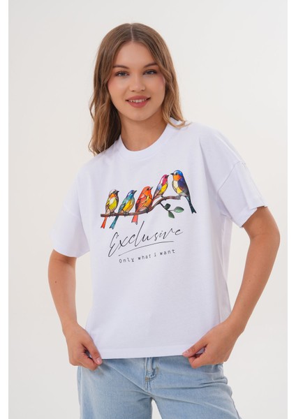 Kadın Beyaz Exclusive Only What I Want Kuş Baskılı Oversize Tişört fırsatları