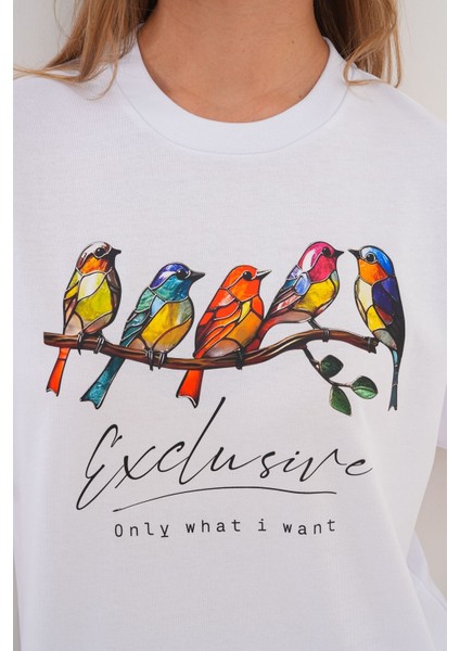 Kadın Beyaz Exclusive Only What I Want Kuş Baskılı Oversize Tişört