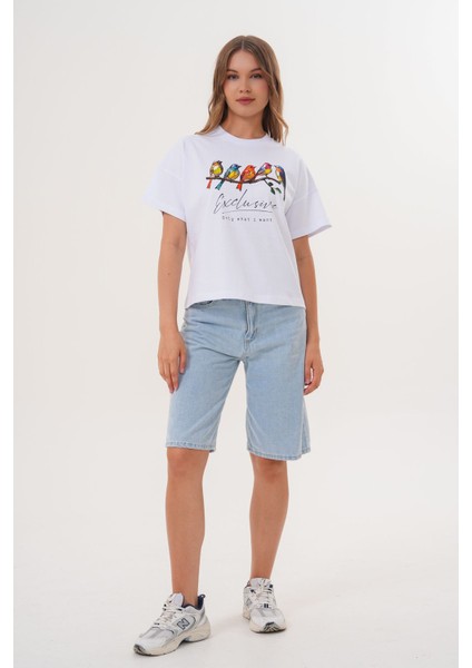 Kadın Beyaz Exclusive Only What I Want Kuş Baskılı Oversize Tişört