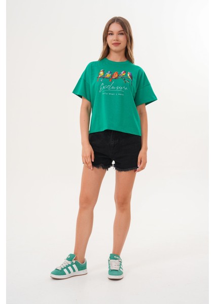 Kadın Yeşil Exclusive Only What I Want Kuş Baskılı Oversize Tişört