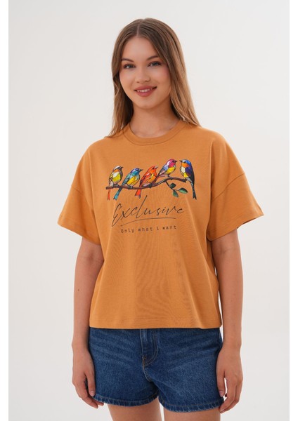 Kadın Taba Exclusive Only What I Want Kuş Baskılı Oversize Tişört