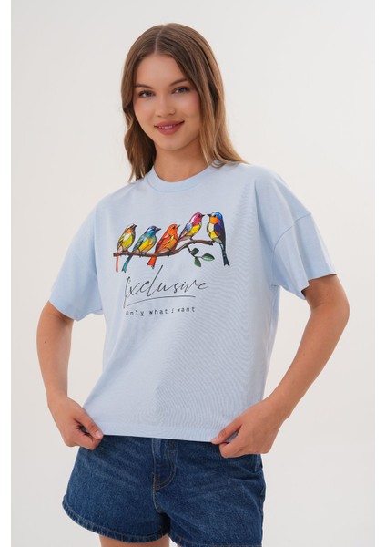 Kadın Mavi Exclusive Only What I Want Kuş Baskılı Oversize Tişört modelleri