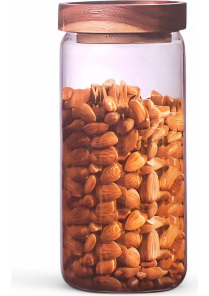 1000 ml Yuvarlak Akasya Kapaklı Cam Kavanoz BOR055