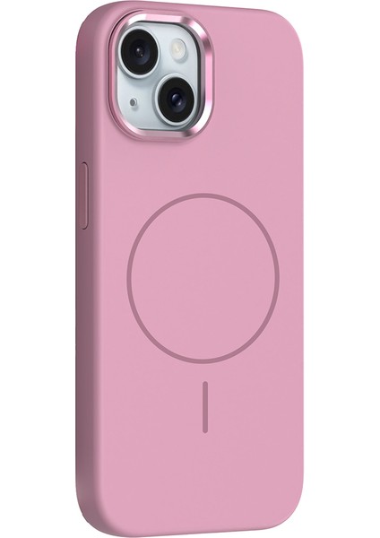 iPhone 14 Kılıf M-Safe Şarj Özellikli Metal Kamera Çerçeveli Mkst Edi Silikon Kapak - Pembe