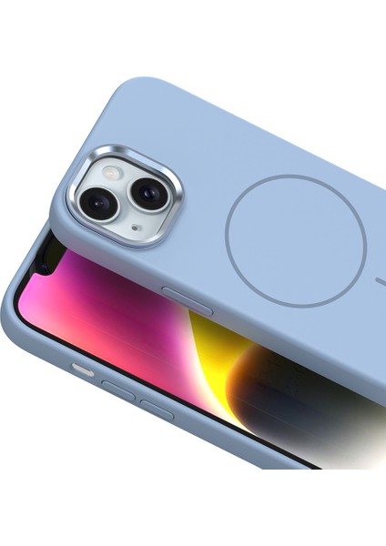 iPhone 14 Kılıf M-Safe Şarj Özellikli Metal Kamera Çerçeveli Mkst Edi Silikon Kapak - Pembe
