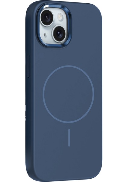 iPhone 14 Kılıf M-Safe Şarj Özellikli Metal Kamera Çerçeveli Mkst Edi Silikon Kapak - Lacivert
