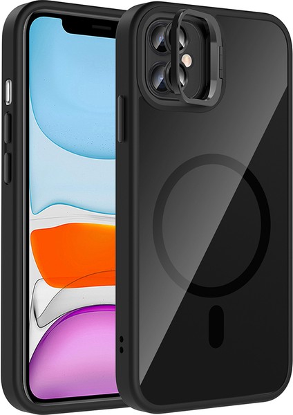 iPhone 11 Kılıf Standlı ve Kamera Lens Hediyeli M-Safe Şarj Özellikli Mkst Etro Kapak - Siyah