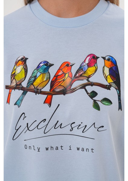 Kadın Mavi Exclusive Only What I Want Kuş Baskılı Oversize Tişört
