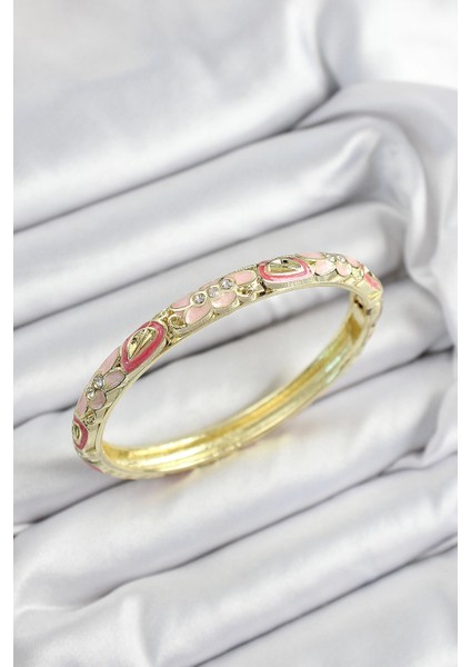 Mineli Pirinç Zirkon Taşlı Pembe Çiçek Motifli Gold Renk Kadın Kelepçe
