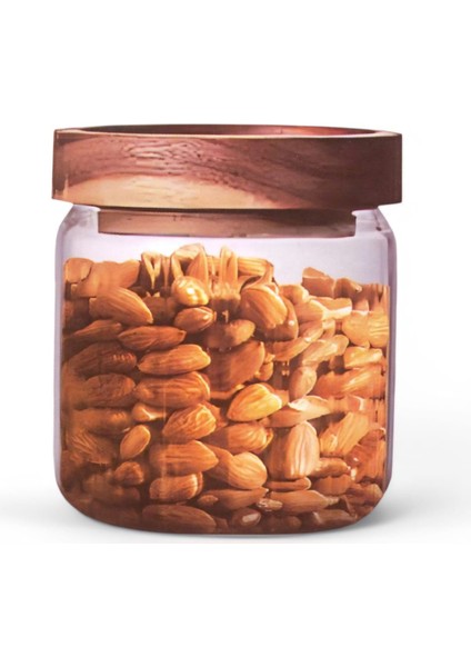 500 ml Yuvarlak Akasya Kapaklı Cam Kavanoz BOR053