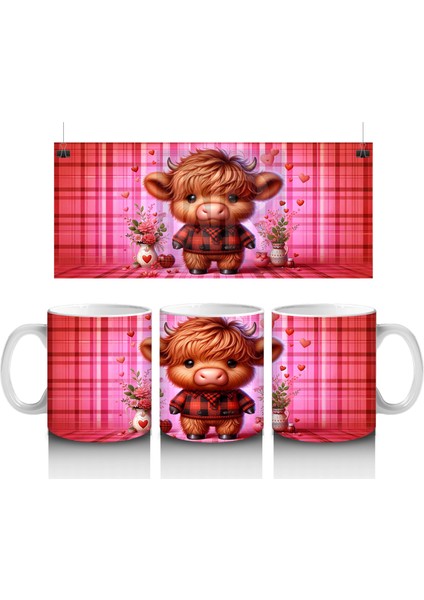 Kareli Arka Planda Çiçek Tutan Sevimli Buzağı – Baskılı Kahve Kupası