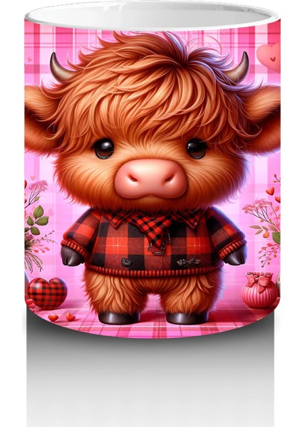 Kareli Arka Planda Çiçek Tutan Sevimli Buzağı – Baskılı Kahve Kupası modelleri