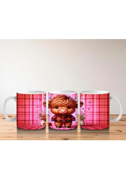 Kareli Arka Planda Çiçek Tutan Sevimli Buzağı – Baskılı Kahve Kupası indirimleri