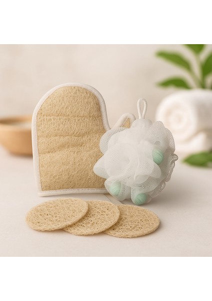 6 Parça Doğal Kabak Lifi Seti-(Eldiven, Yüz Lifi, Sabunlu Lif, Makyaj Poşeti)