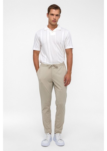 Bej Slim Armürlü Jogger Pantolon