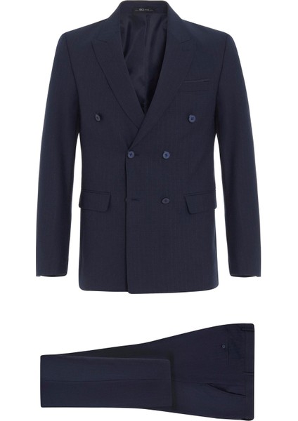 Lacivert Slim Çizgili Sivri Yaka 6 Drop Takım Elbise