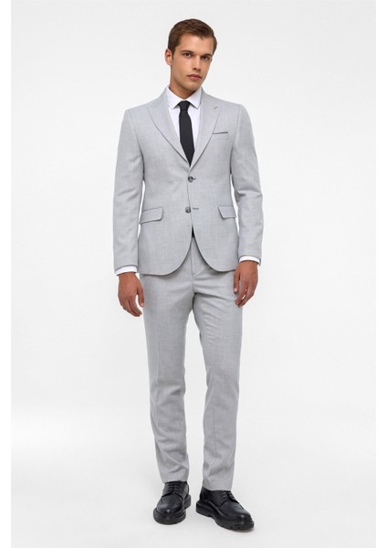 Gri Slim Fit Desenli Sivri Yaka 6 Drop Klasik Takım Elbise