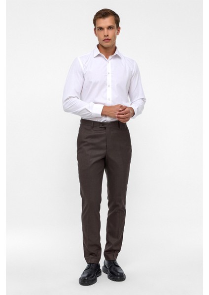 Koyu Kahve Slim Fit Armürlü Kumaş Pantolon