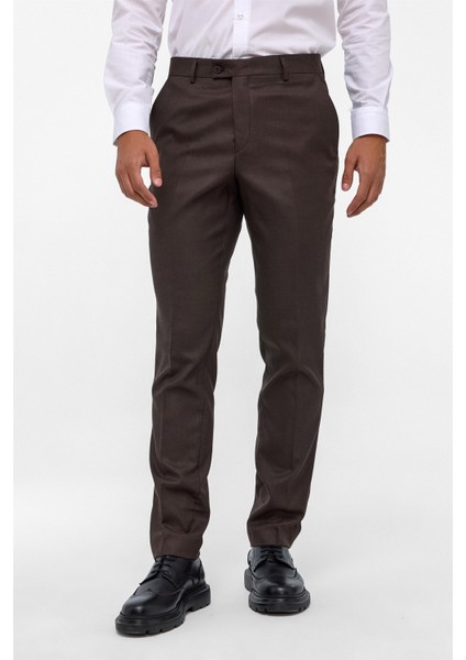 Koyu Kahve Slim Fit Armürlü Kumaş Pantolon fiyatları